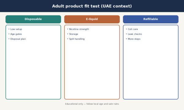 Educational three-column comparison of disposable pod, e-liquid bottle, and refillable pod product types for adult UAE consumers