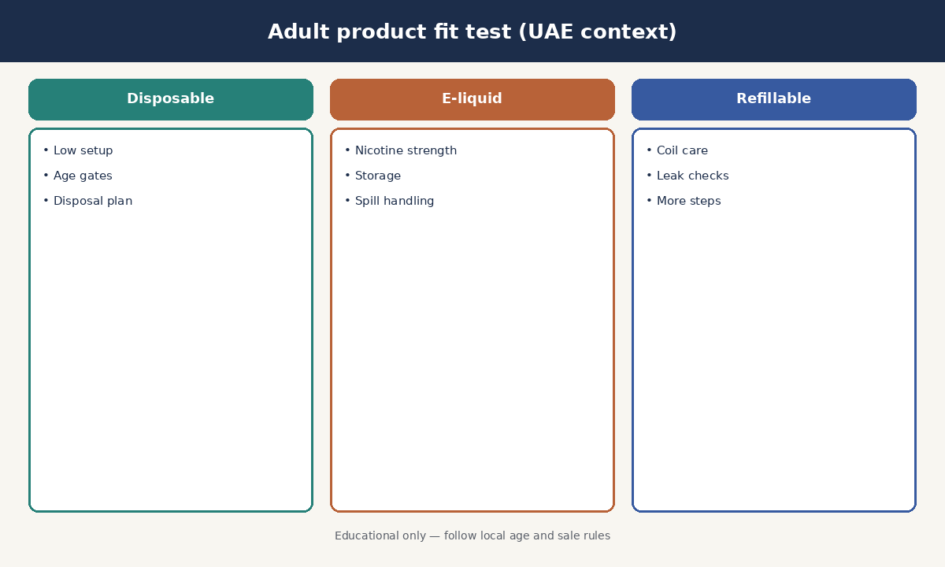 Educational three-column comparison of disposable pod, e-liquid bottle, and refillable pod product types for adult UAE consumers